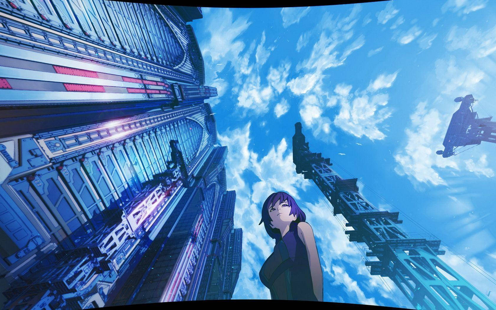 Smukke Anime Pige Og Skyskrabere Tapet Wallpaper