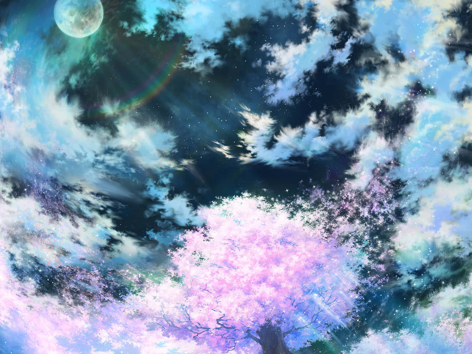 A Tree With Pink Flowers And Clouds In The Sky Wallpaper