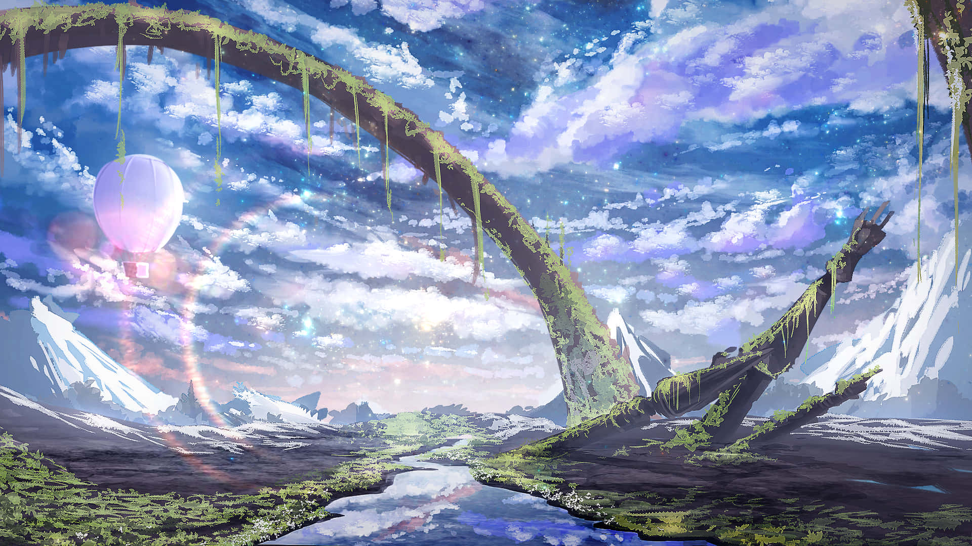 A peaceful journey through a beautiful anime-inspired world Wallpaper