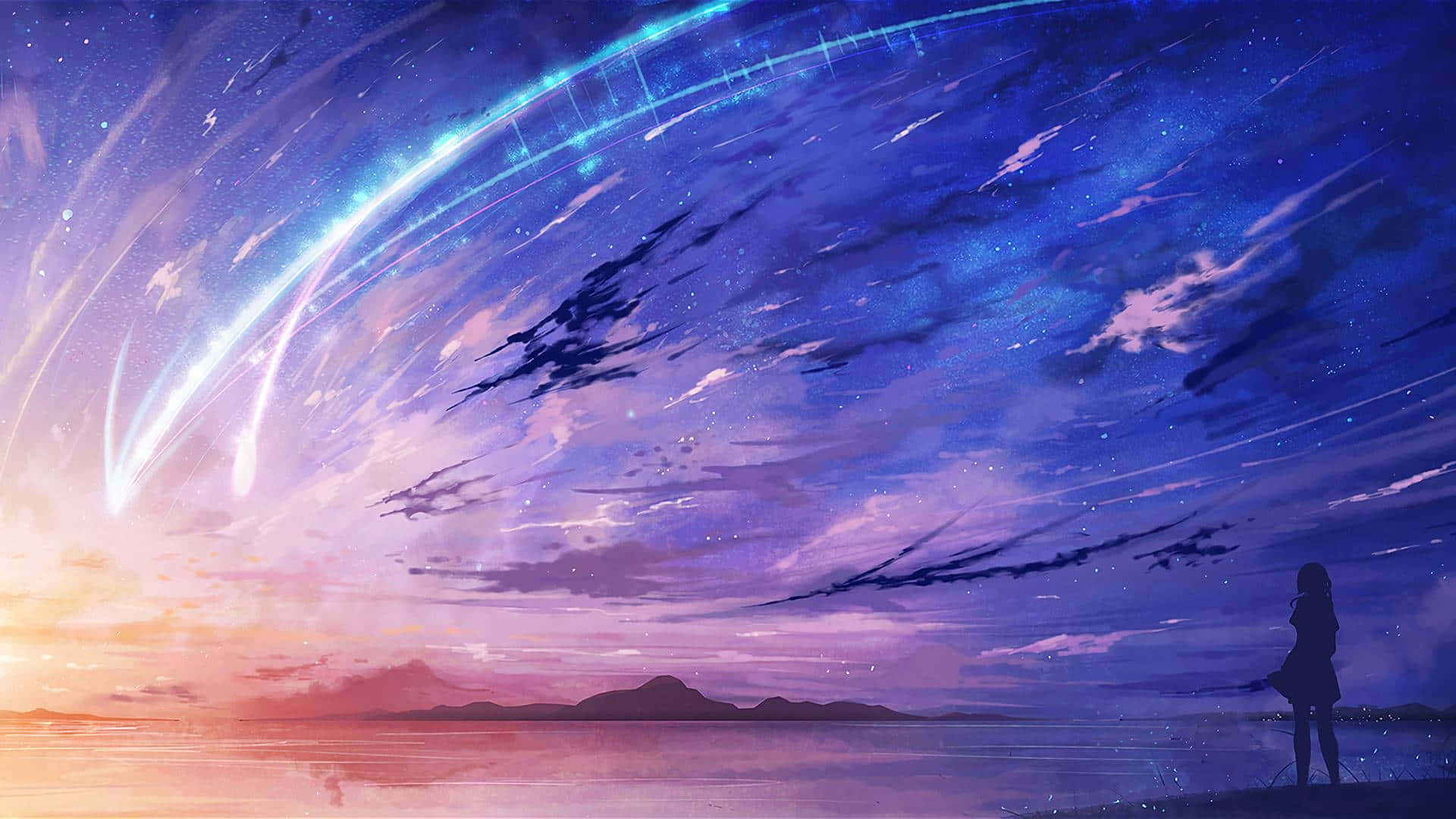 Peaceful Lake Under The Stars In A Beautiful Anime-inspired Scenerio Wallpaper