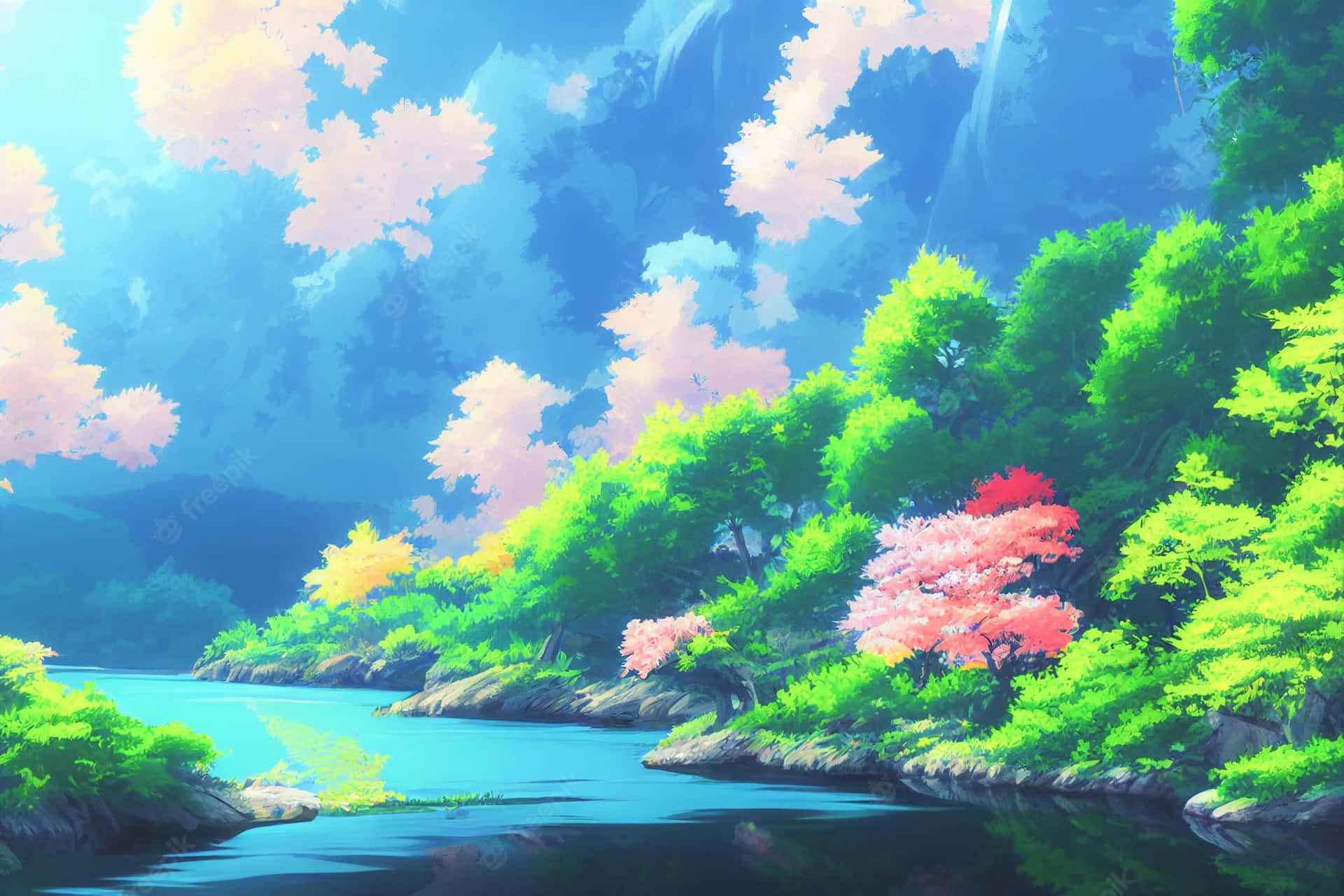 Enjoy The Beauty Of The Anime-inspired Landscape Wallpaper