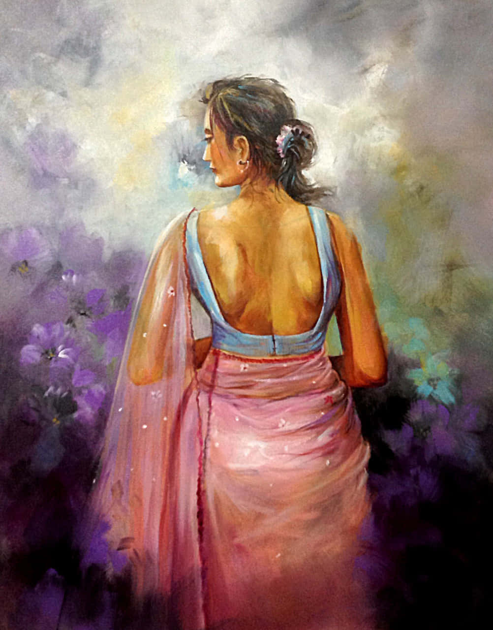 Eingemälde Einer Frau In Einem Pinken Sari.
