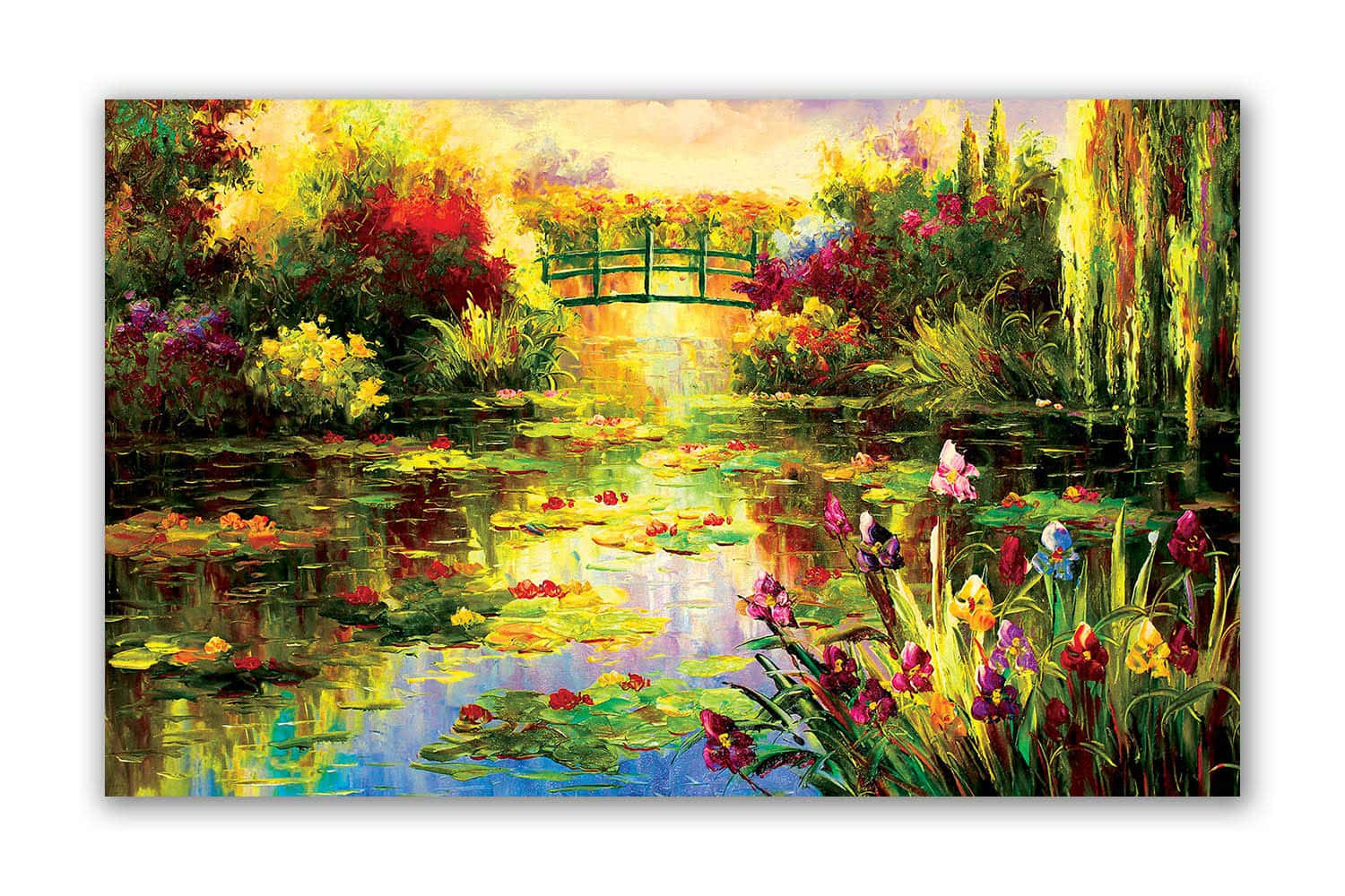 A Painting Of A Pond With Water Lilies And A Bridge