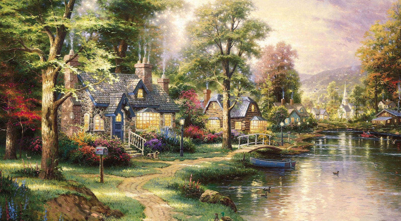 A Painting Of A Village By A River