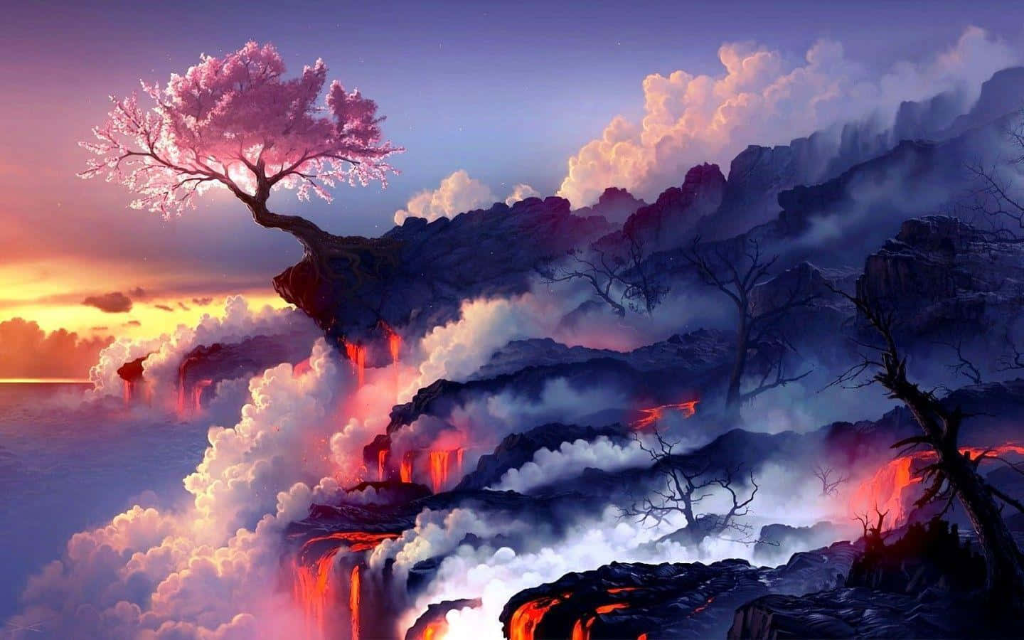 a painting of a tree on a cliff with lava