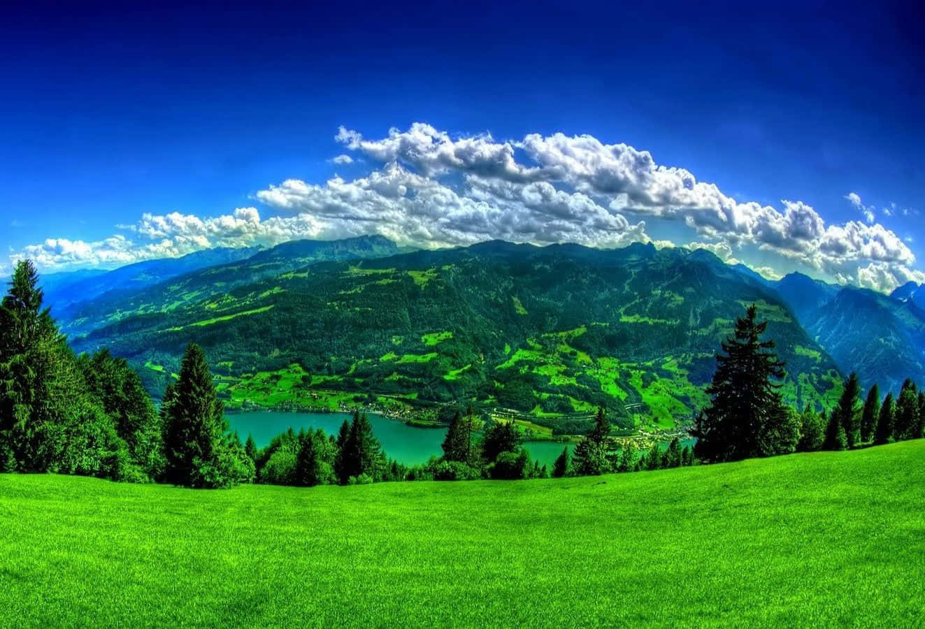 a green field with mountains and a lake