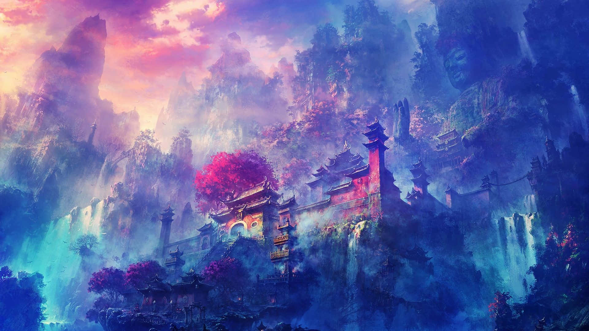 a painting of a chinese village with waterfalls and trees