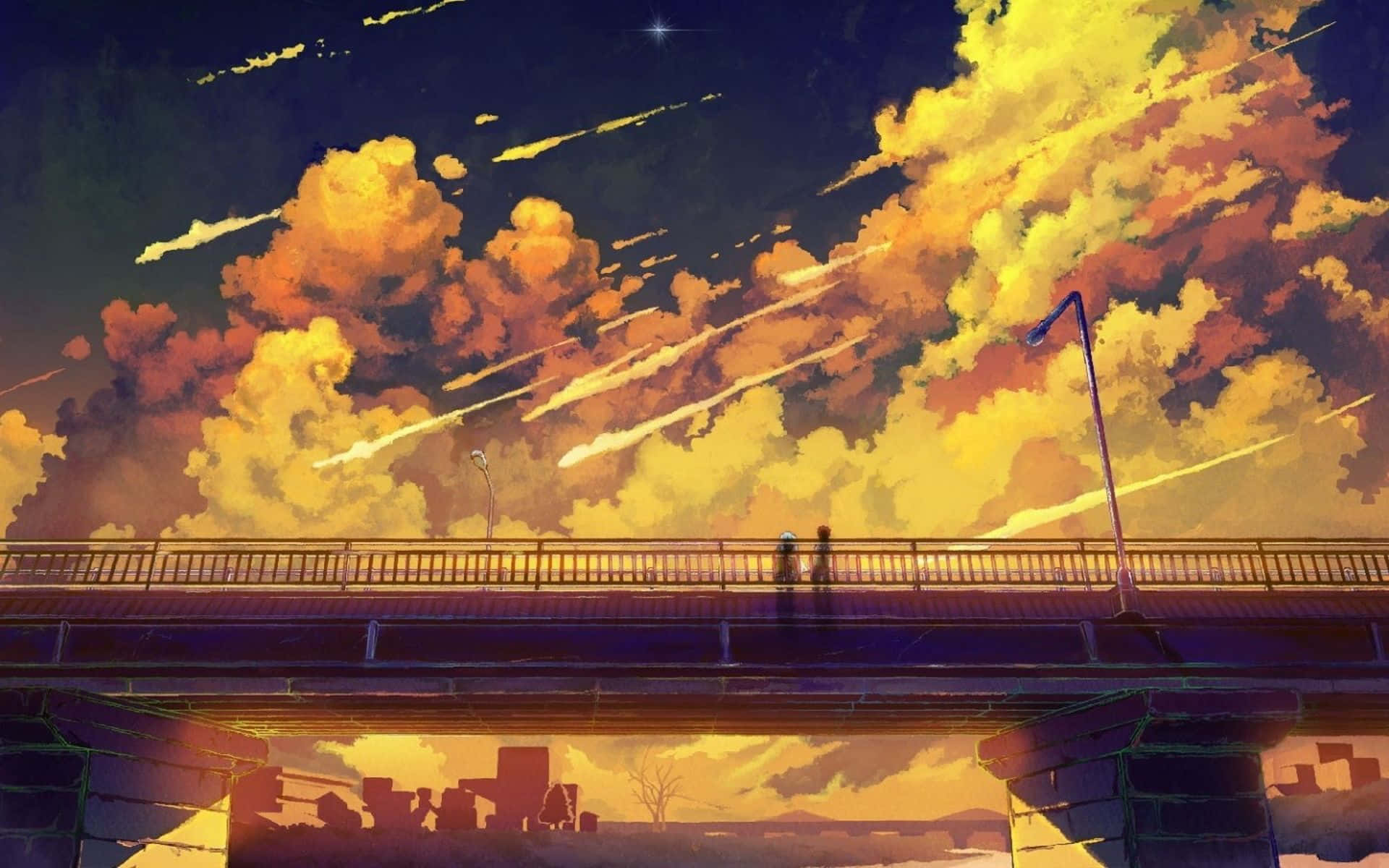 a painting of a bridge with clouds and fireworks