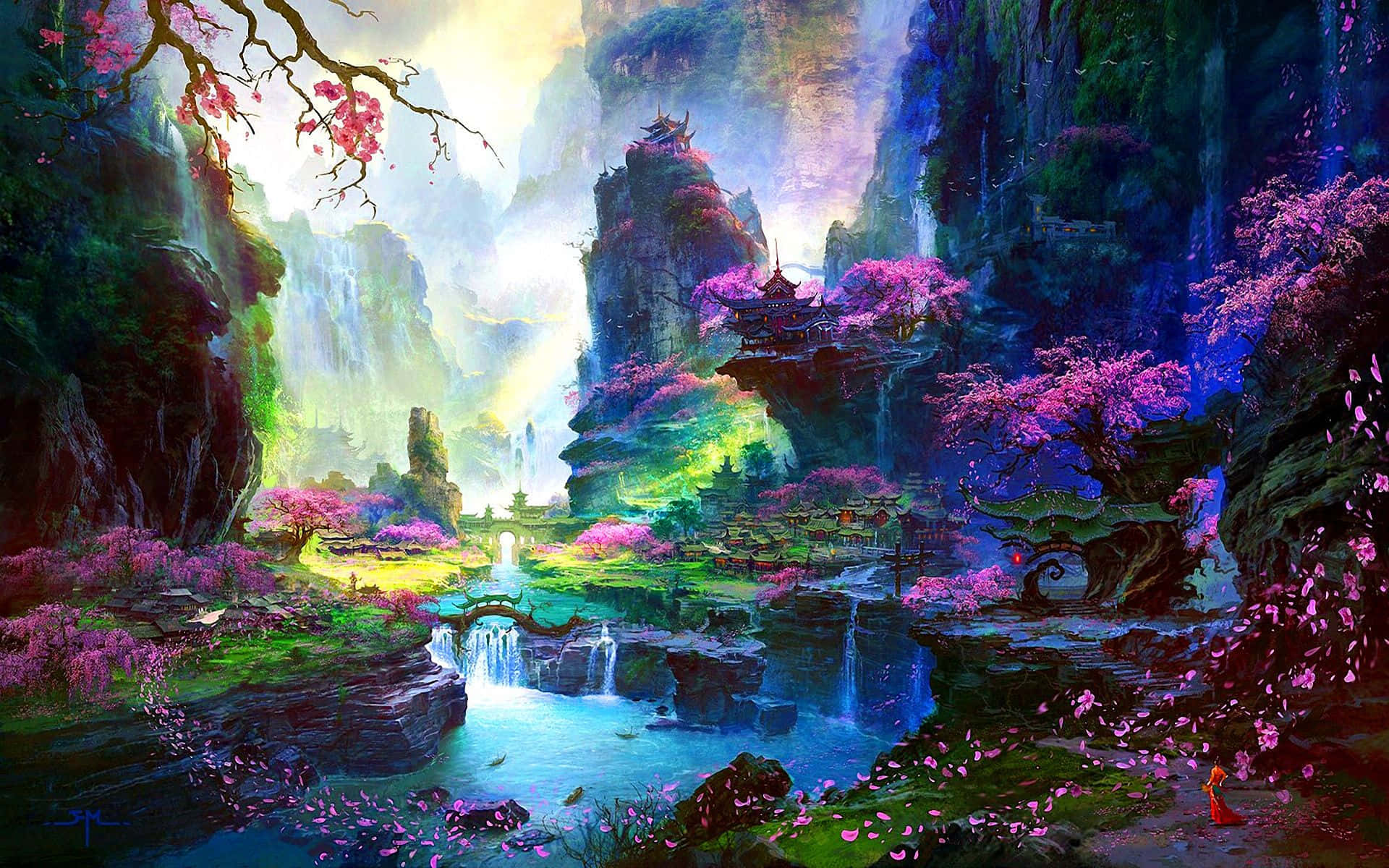a painting of a waterfall and flowers in a rocky landscape