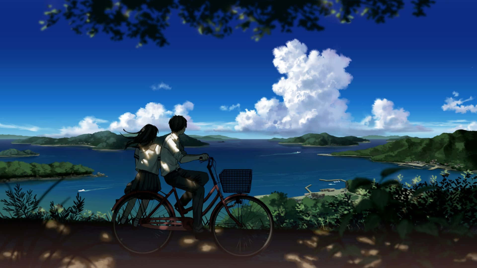 a couple on a bicycle on a hillside