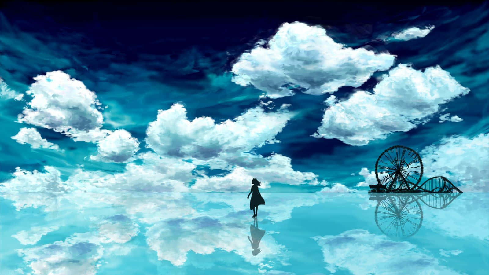 a girl is walking on a water surface with clouds and a ferris wheel