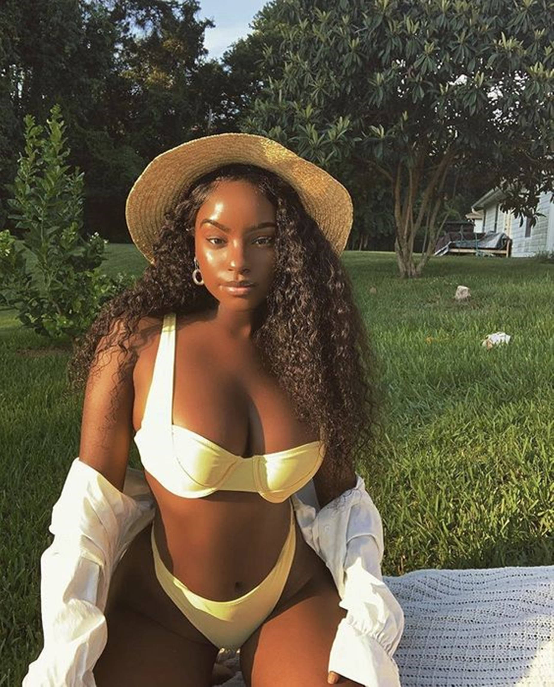 Beautiful Black Woman Yellow Swimsuit Wallpaper