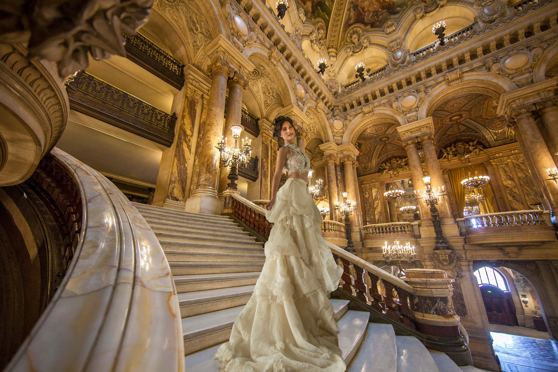 Beautiful Bride At Paris Opera House Wallpaper