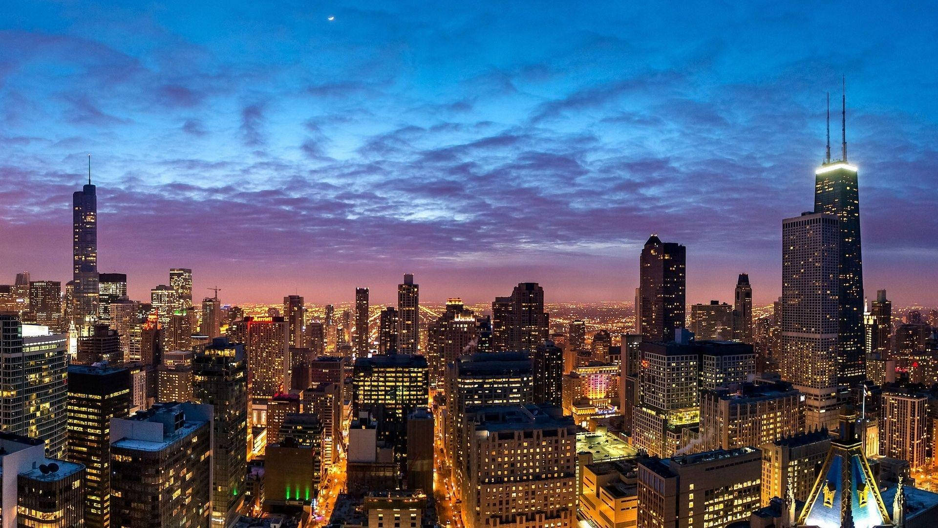Beautiful Busy Chicago Skyline Sunset Wallpaper