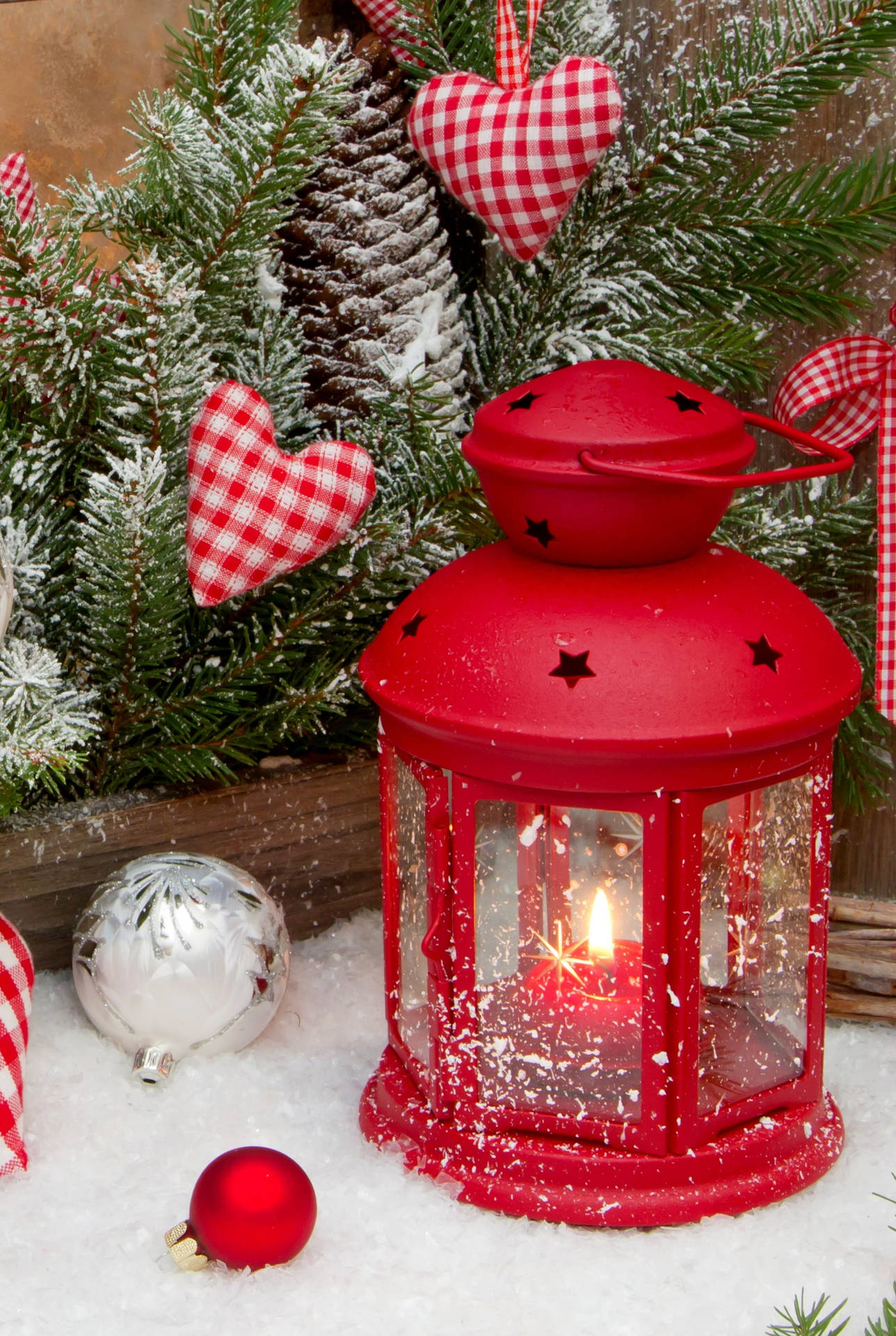 Beautiful Christmas Lantern With Red Candle Wallpaper