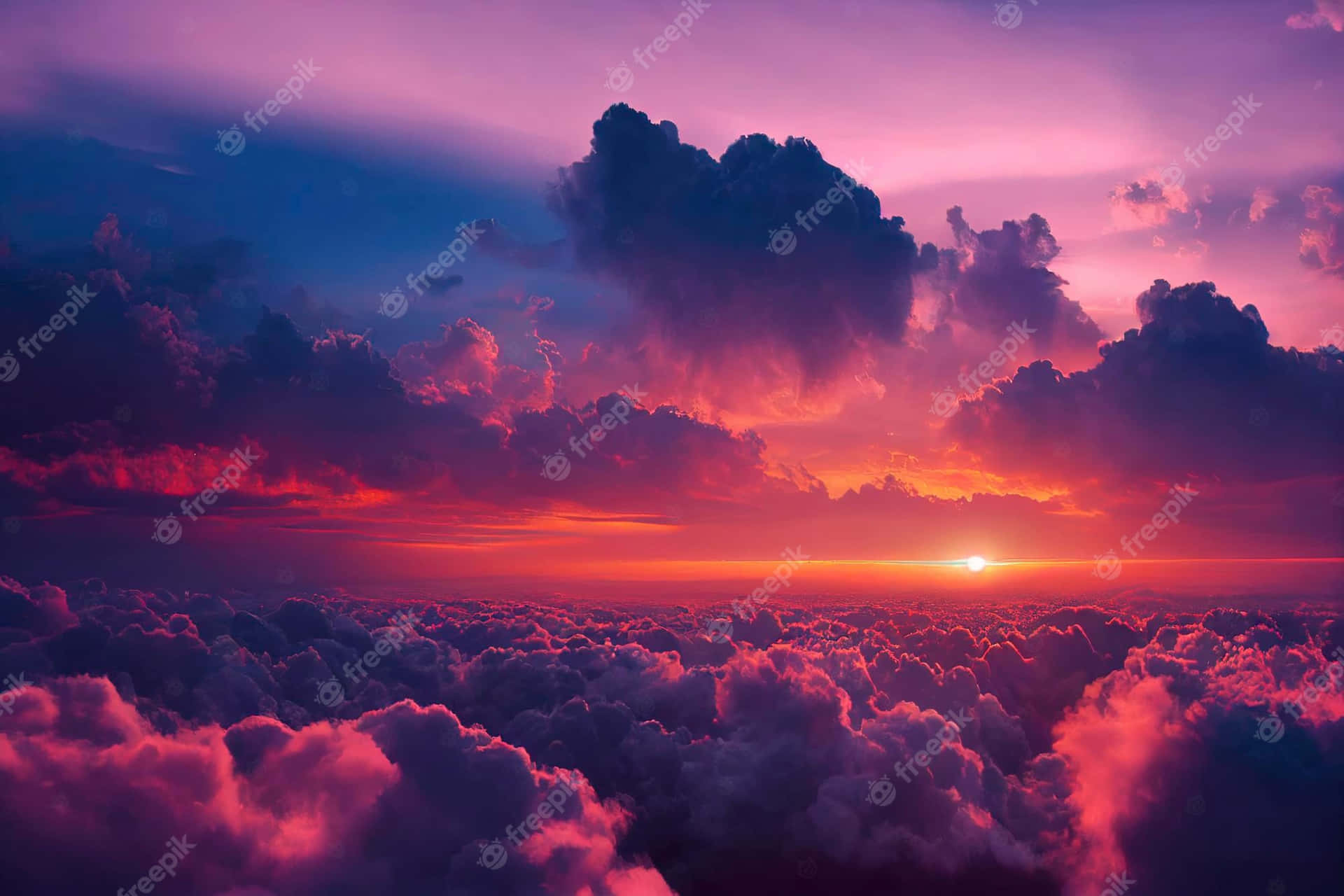 Sunset Over Clouds With Purple Sky Wallpaper