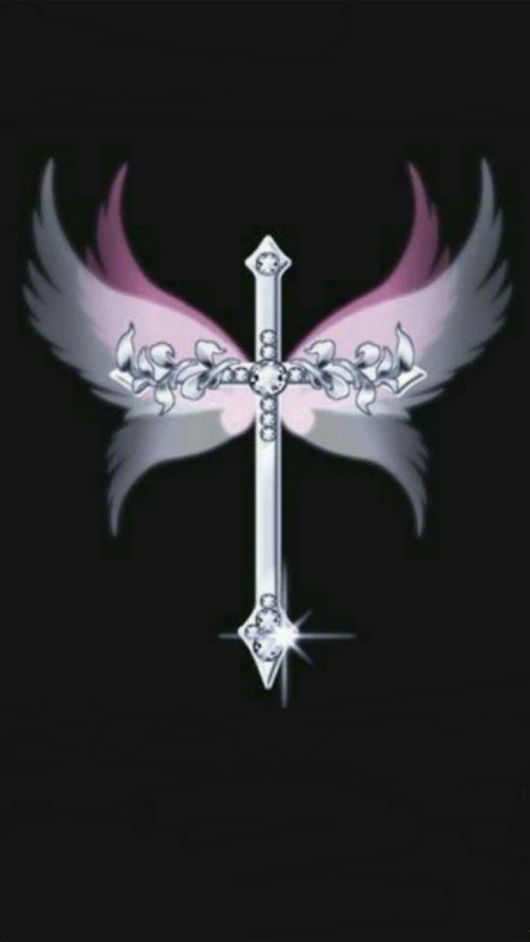 Silver Beautiful Cross With Pink Wings Wallpaper
