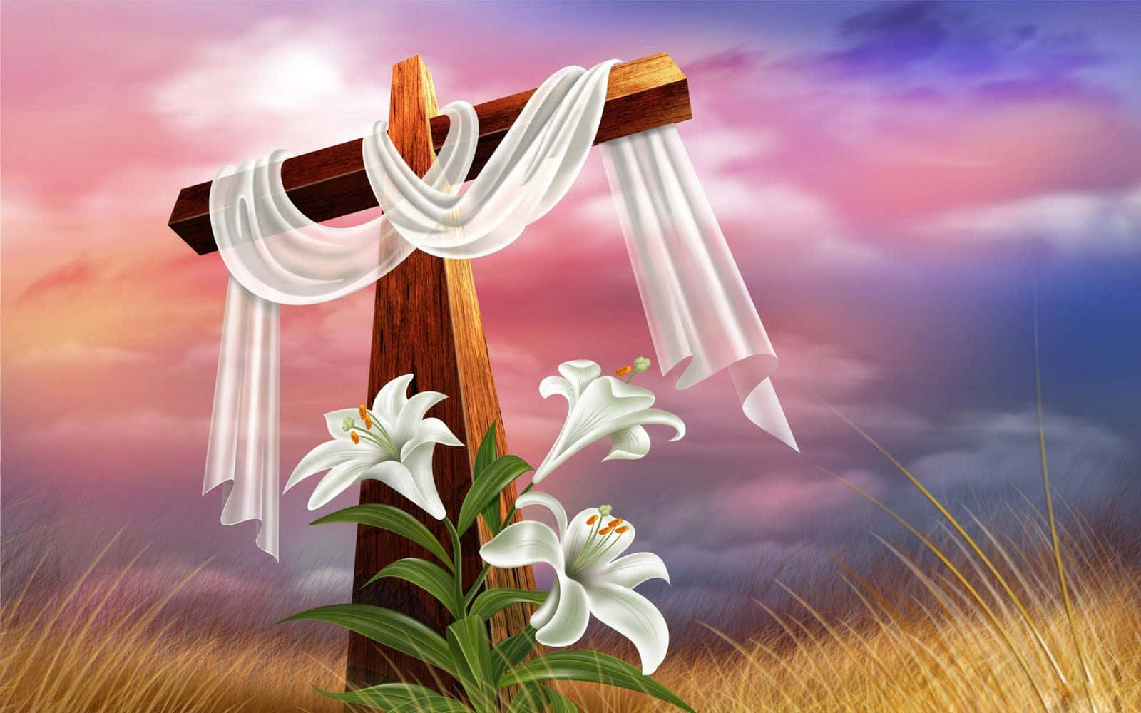 Easter Beautiful Cross With Lily Flowers Digital Art Wallpaper