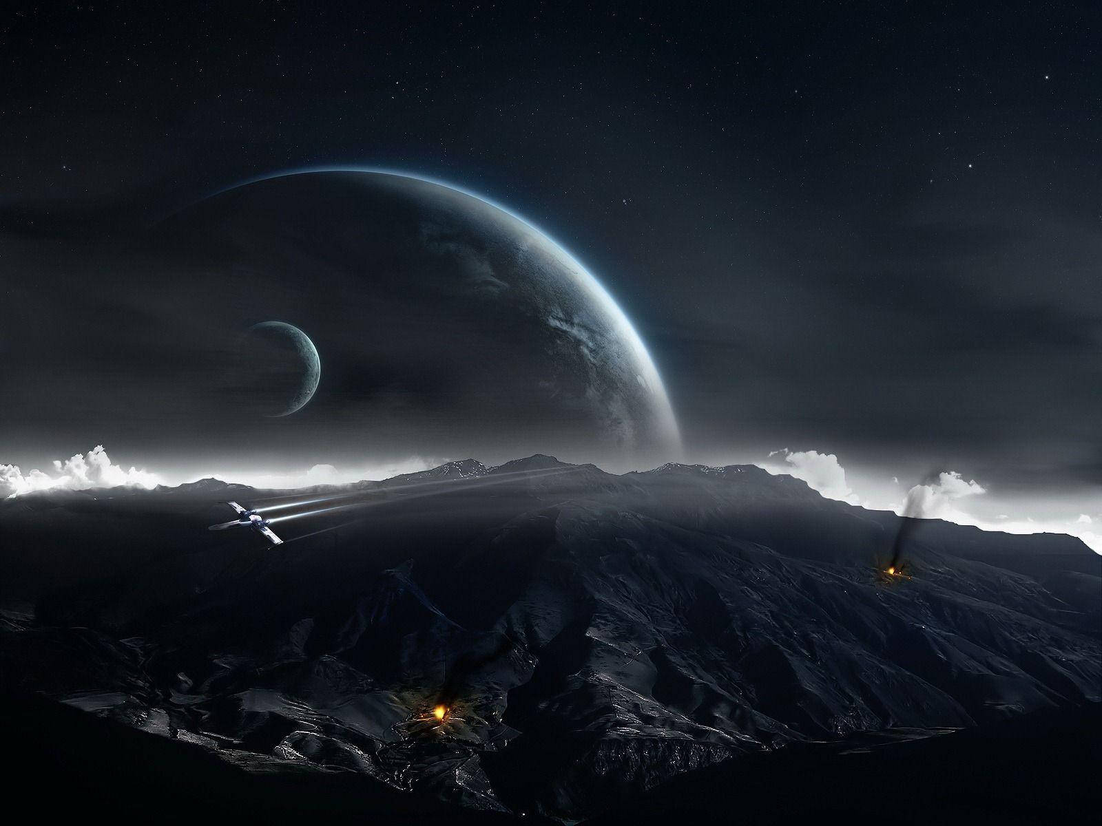 Beautiful Dark Mountain Range With Planets Wallpaper