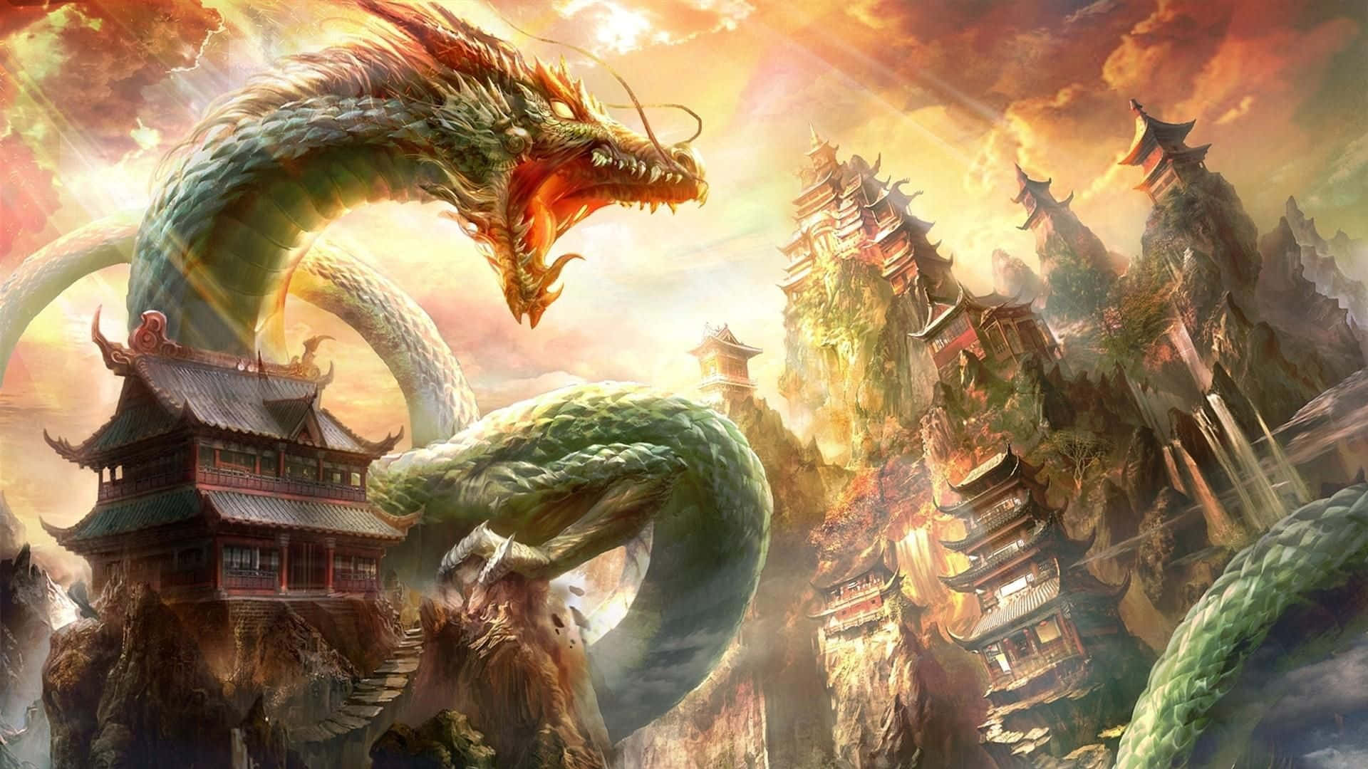 Beautiful Dragon Over A Tower Wallpaper