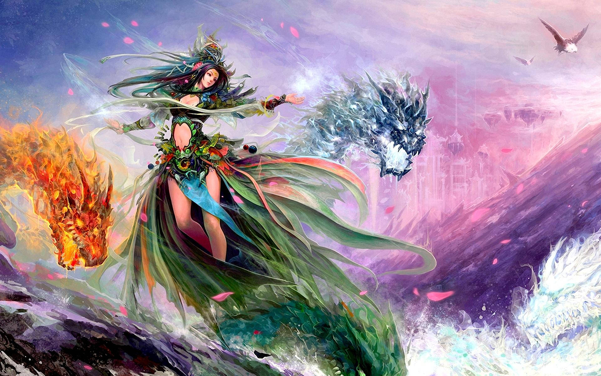 Beautiful Fairy Fire And Water Dragon Wallpaper