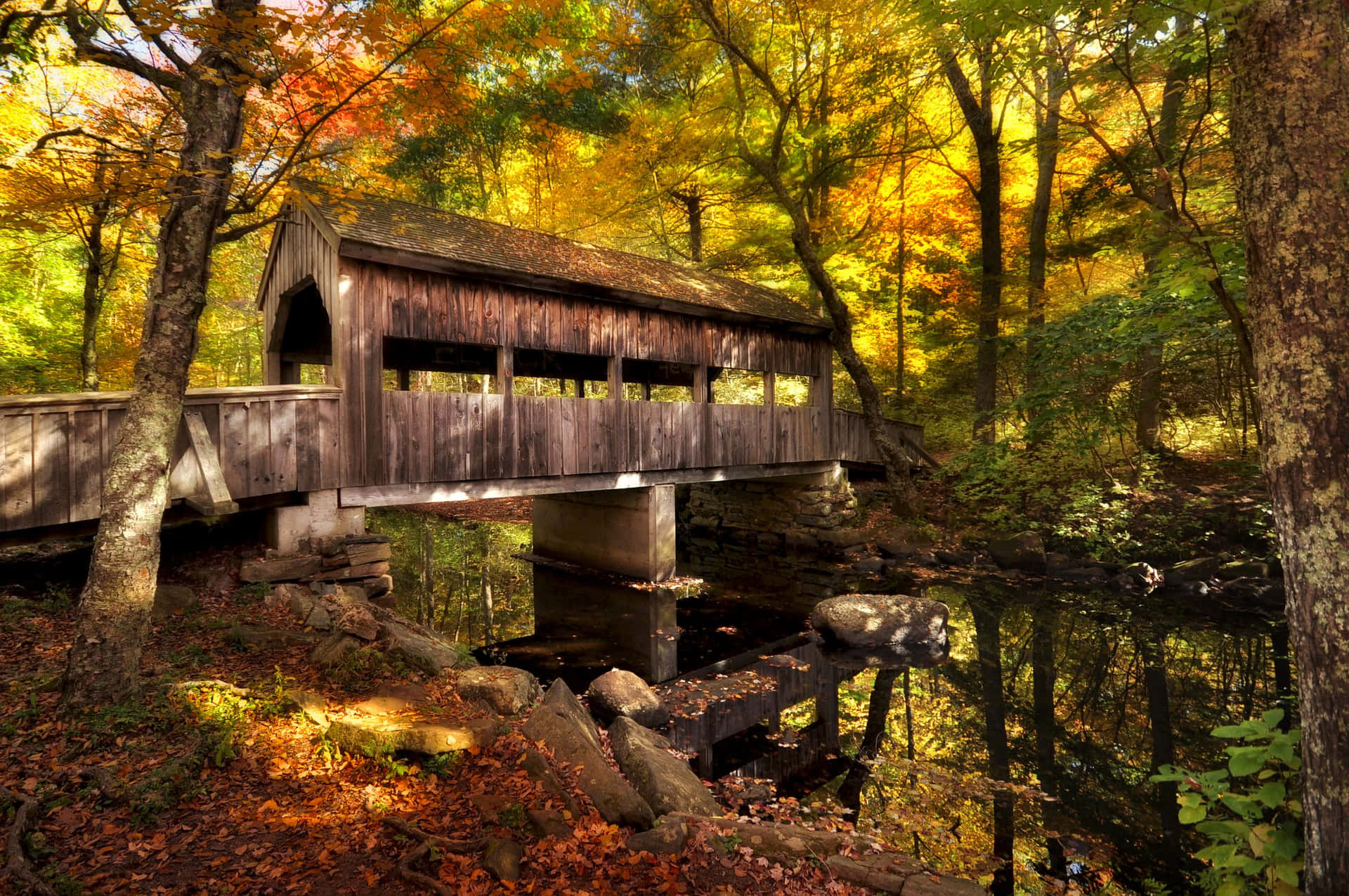 Wooden Bridge With Beautiful Fall Trees Pictures 2124 x 1411 Picture