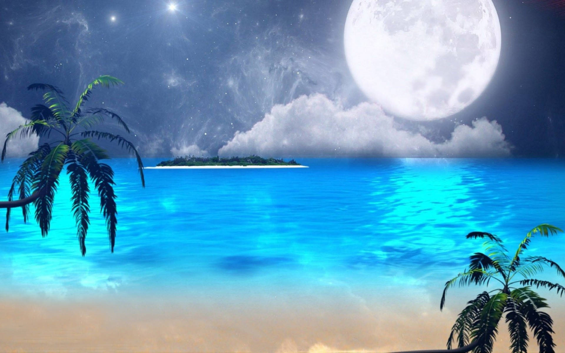 Beautiful Full Moon Beach Digital Art Wallpaper