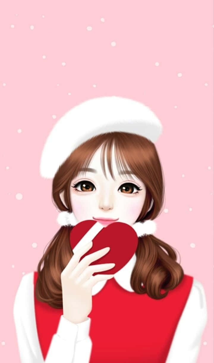 A Girl In A Red Dress Holding A Heart Wallpaper