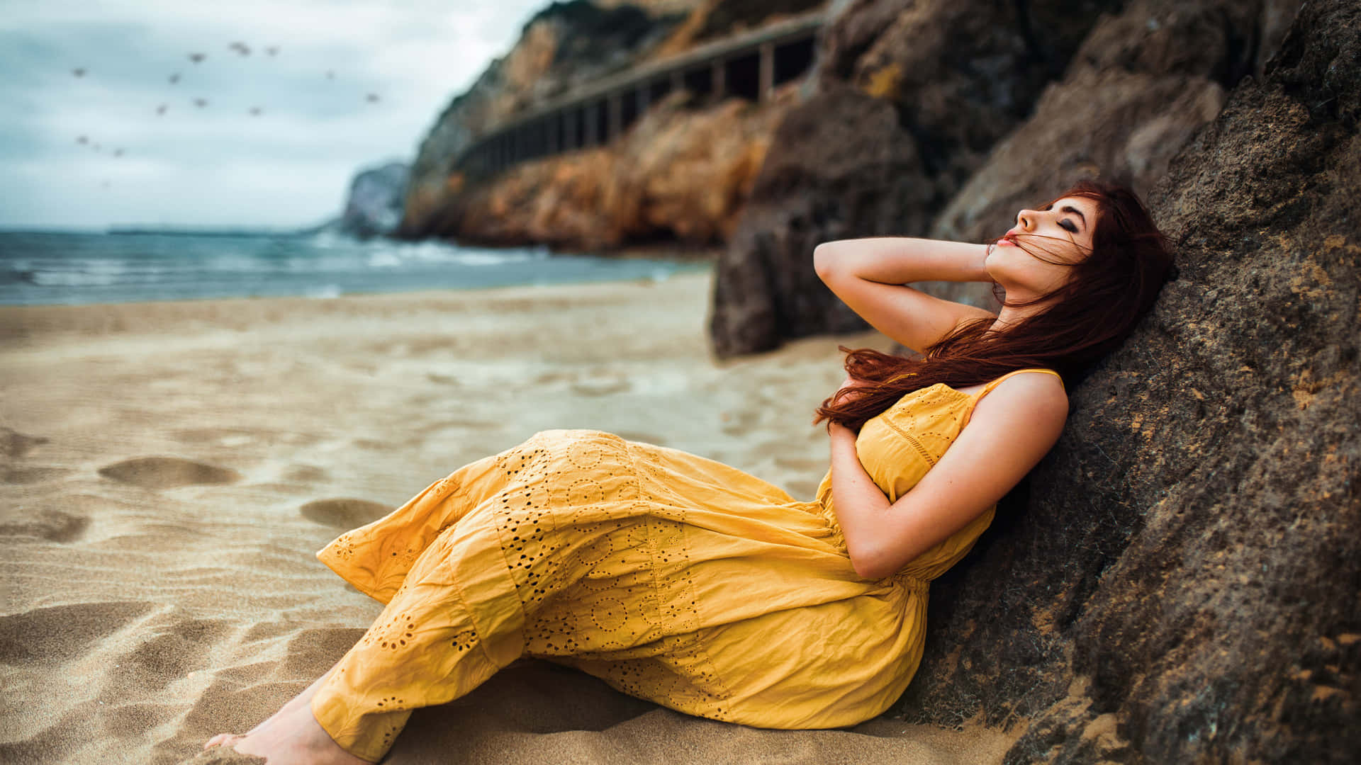 Beautiful Girl On Beach In A Yellow Dress Wallpaper