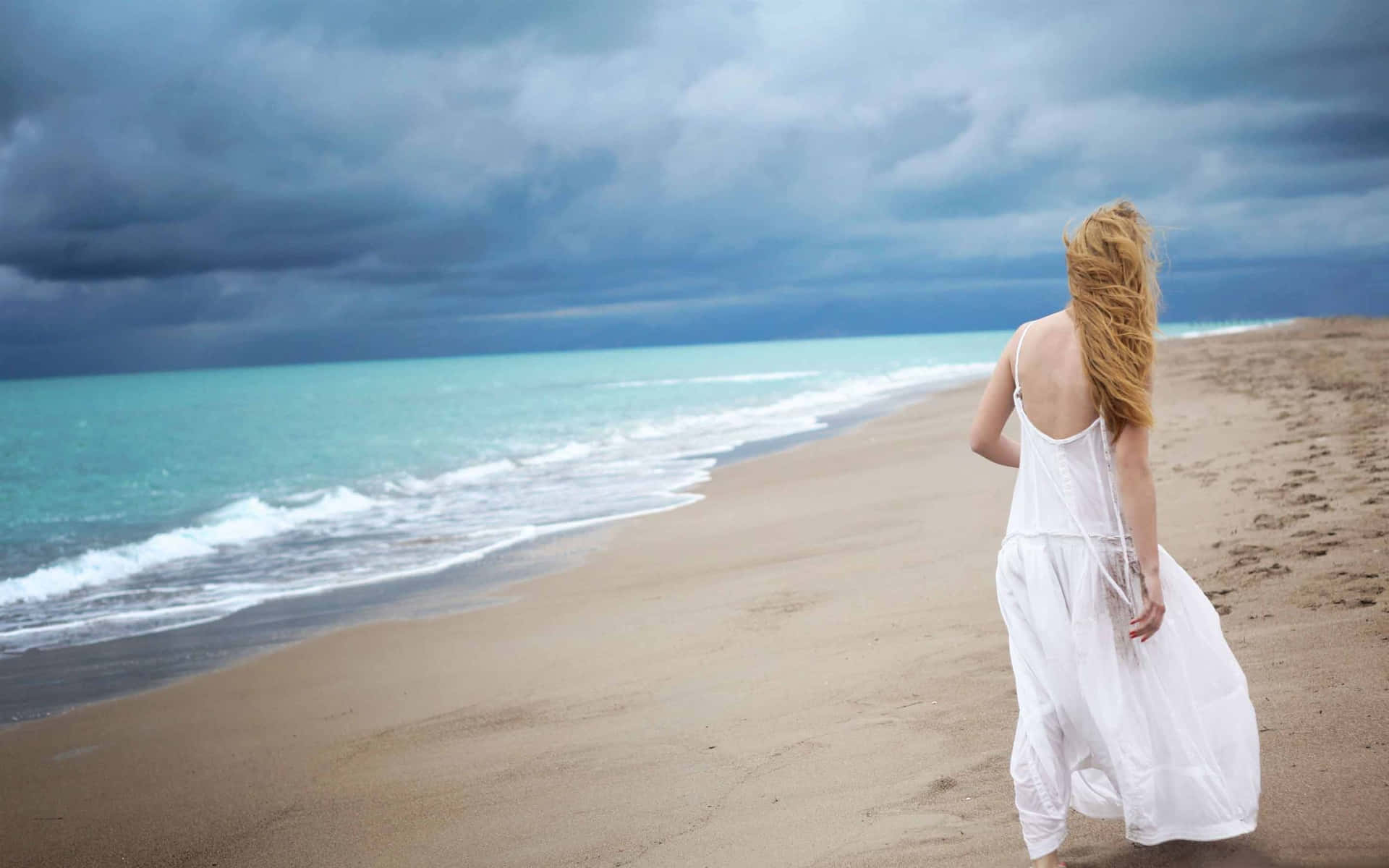 Beautiful Girl On Beach Wearing White Gown Wallpaper