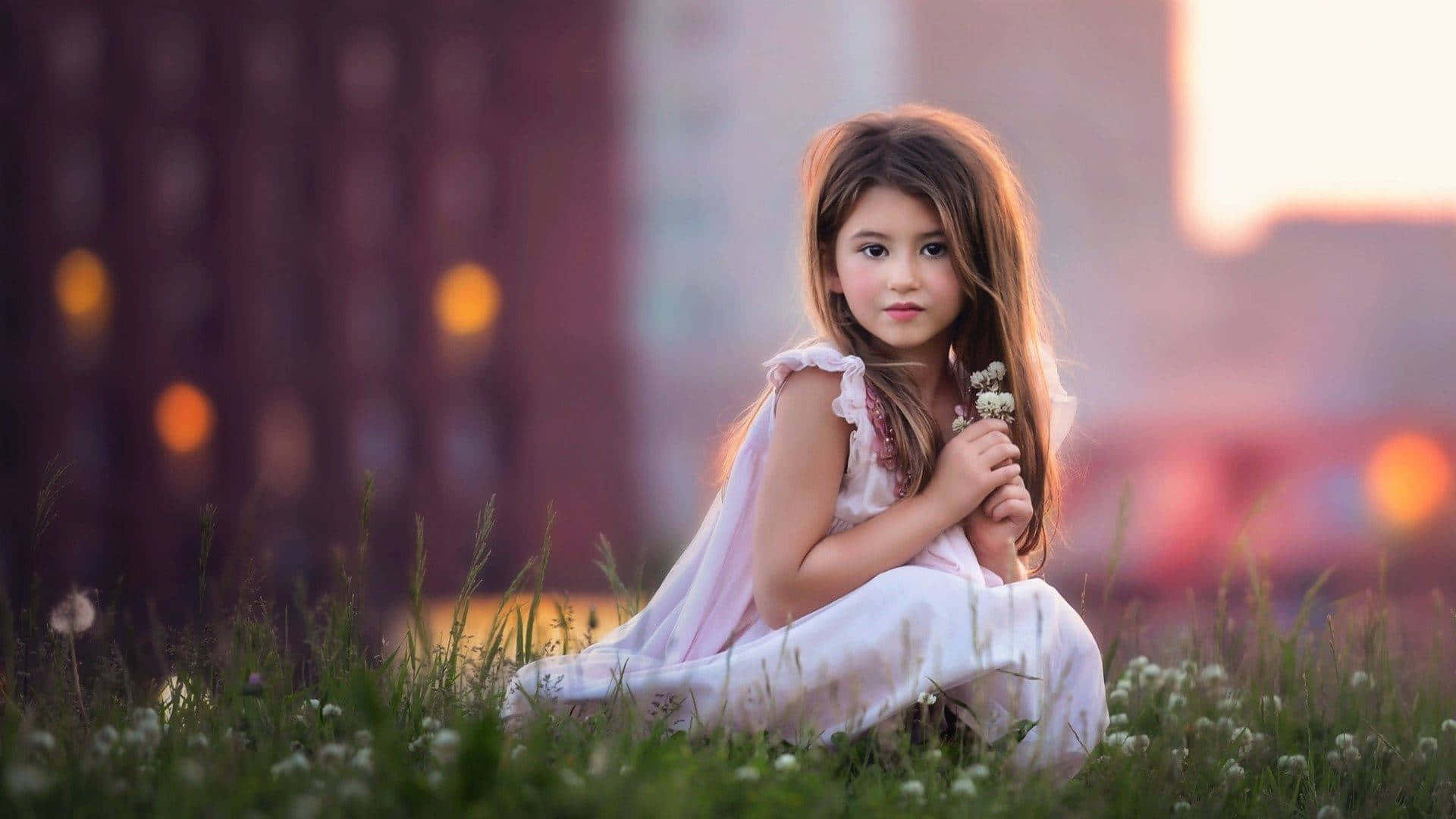 En lille pige sidder i græsset med en by i baggrunden Wallpaper