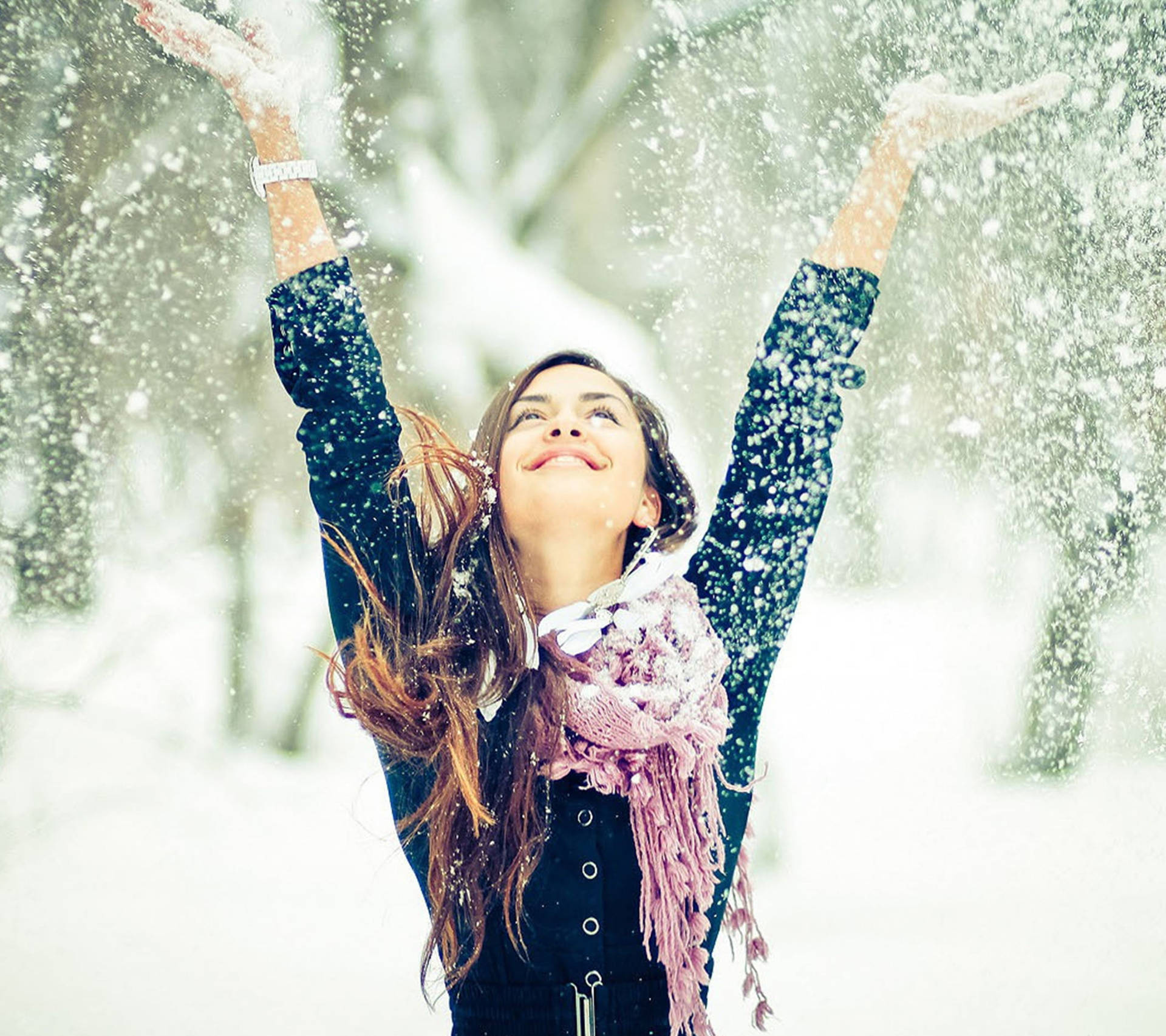 Beautiful Girls Enjoying Snow Background