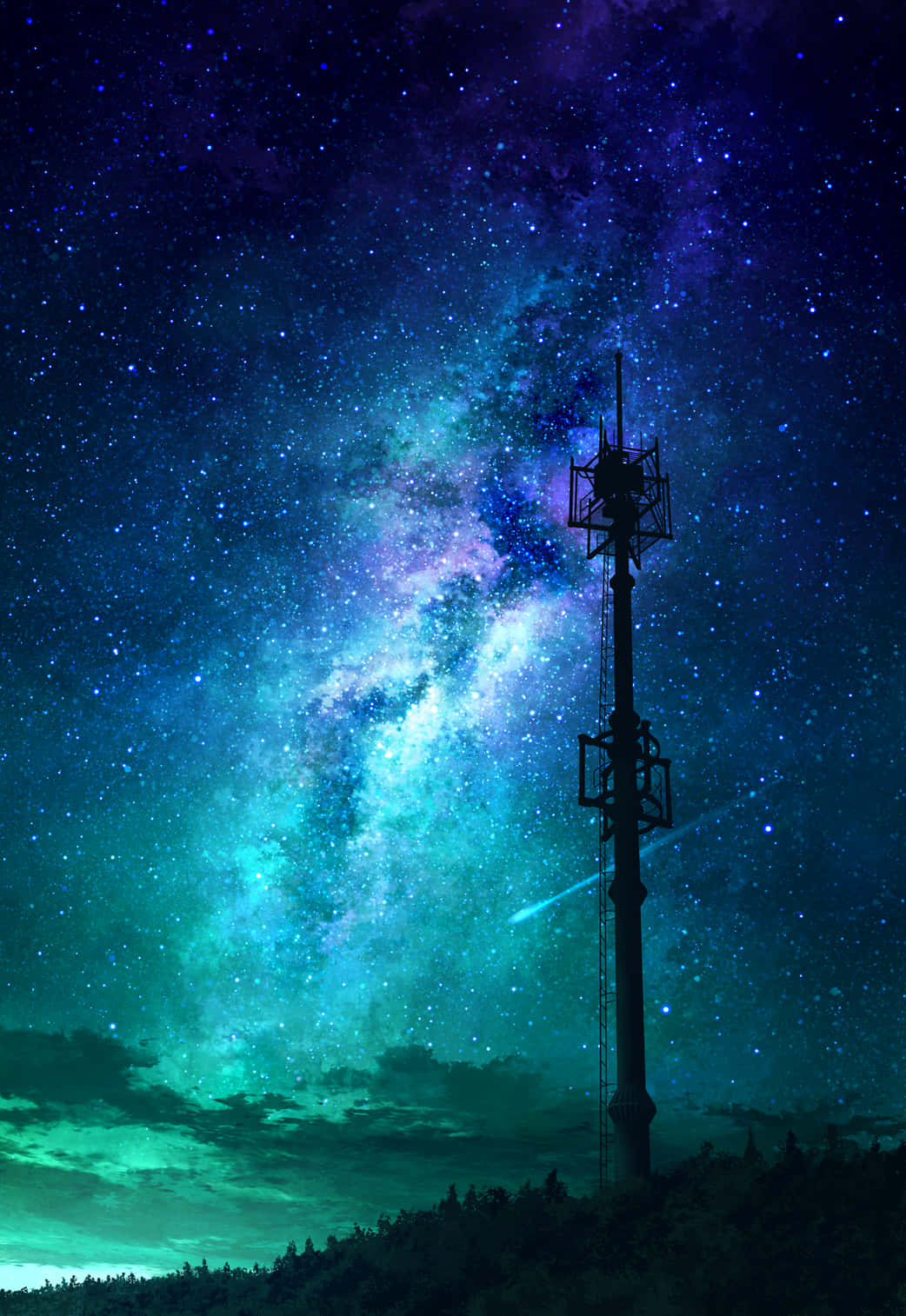 Beautiful Green And Blue Magical Night Sky With Radio Tower Wallpaper