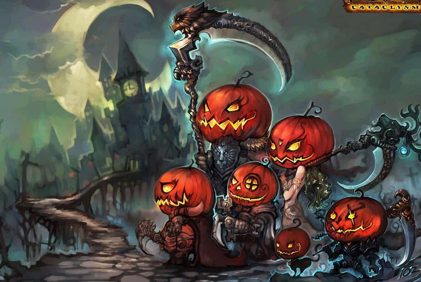 A Group Of Pumpkins With A Scythe In The Background Wallpaper