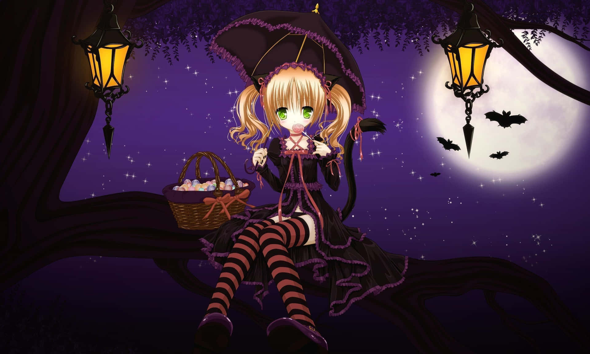 Smuk Halloween Anime Pige Lollybillede Tapet Wallpaper