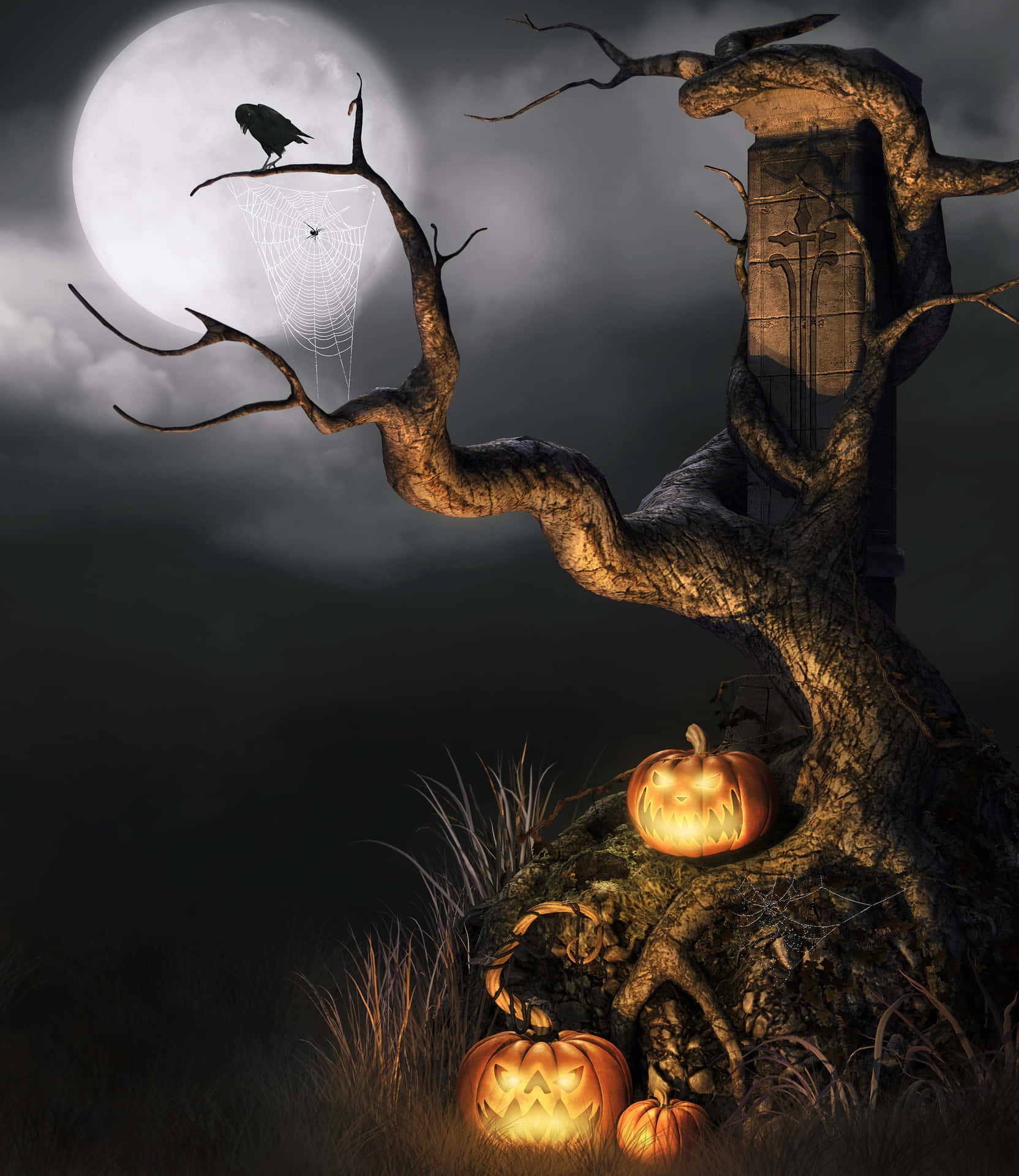 Vackerhalloween-träd Med Pumpor. Wallpaper