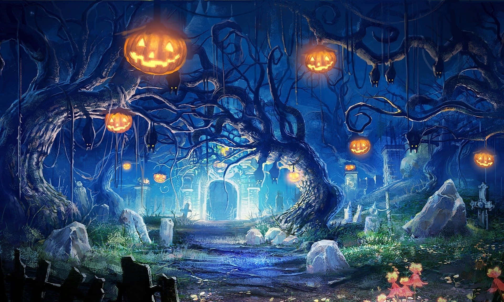 Smukke Halloweens-græskar i en kirkegård Wallpaper