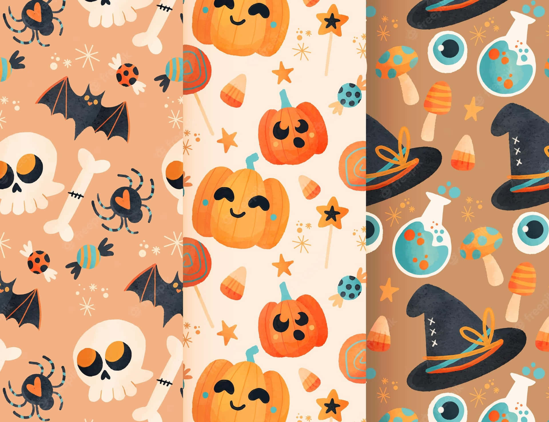 Et uafbrudt mønster af halloween med geder, spøgelser og flagermus. Wallpaper