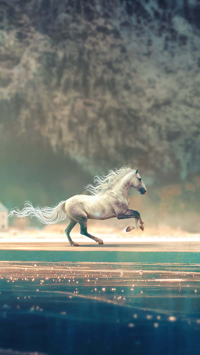 A beautiful white horse galloping through a scenic landscape Wallpaper