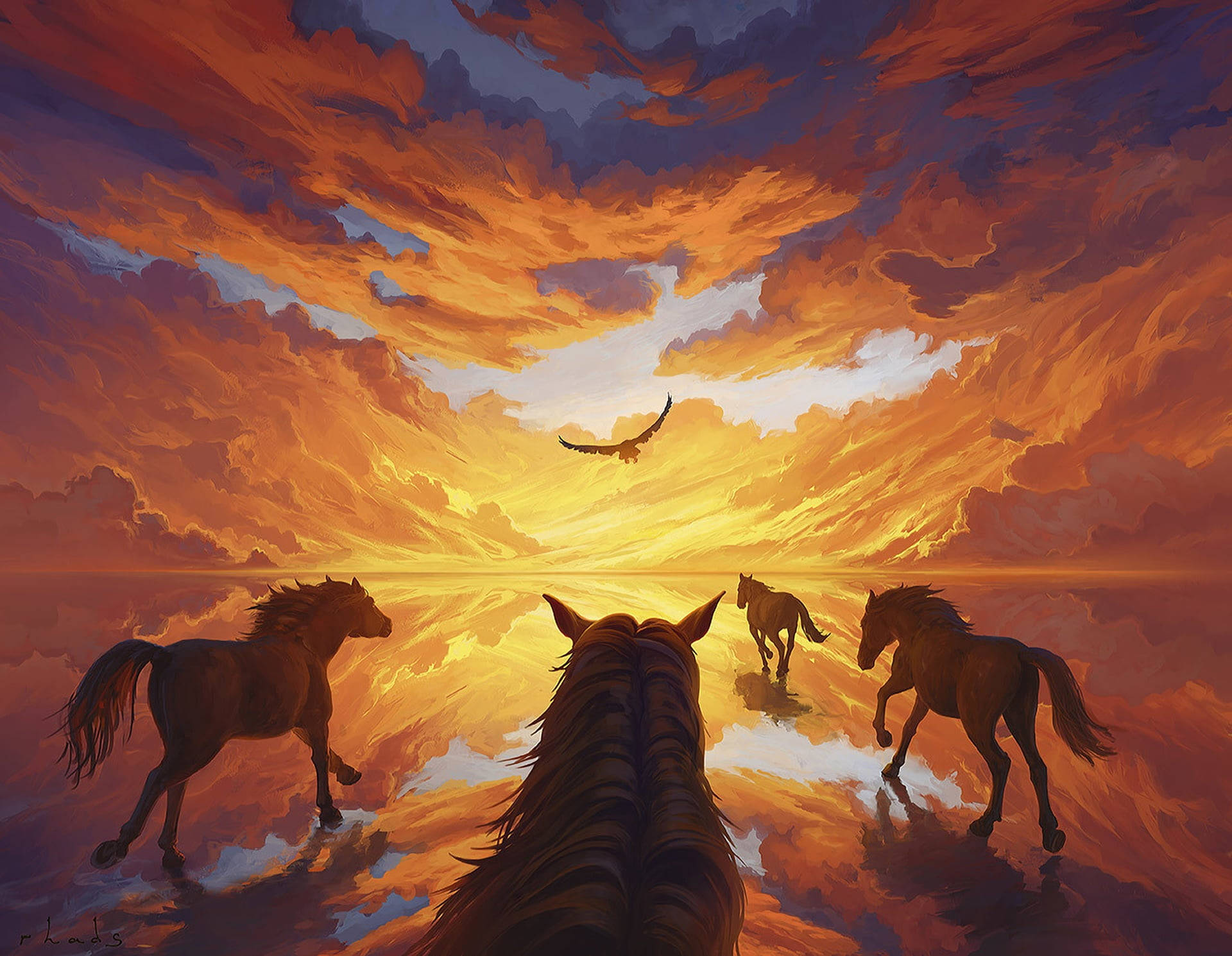 Beautiful Horses Running Towards The Sunset