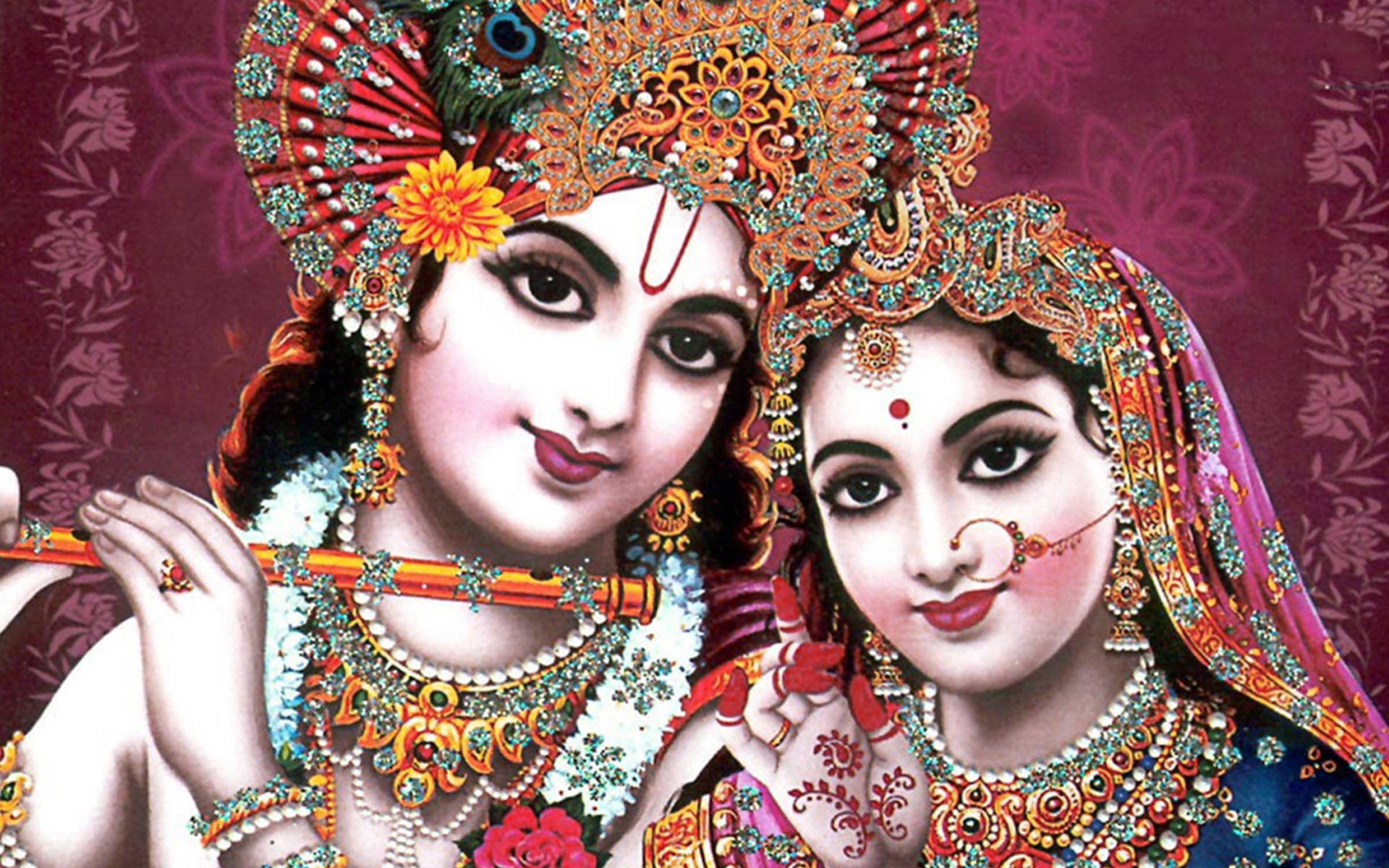 Beautiful Krishna And Radha Red Background