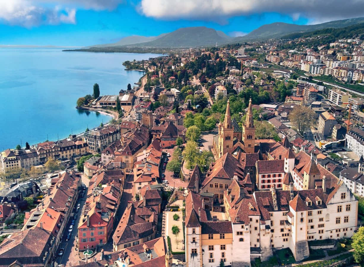 Mooie Meer Van Neuchâtel Scène Tijdens Zonsondergang Achtergrond