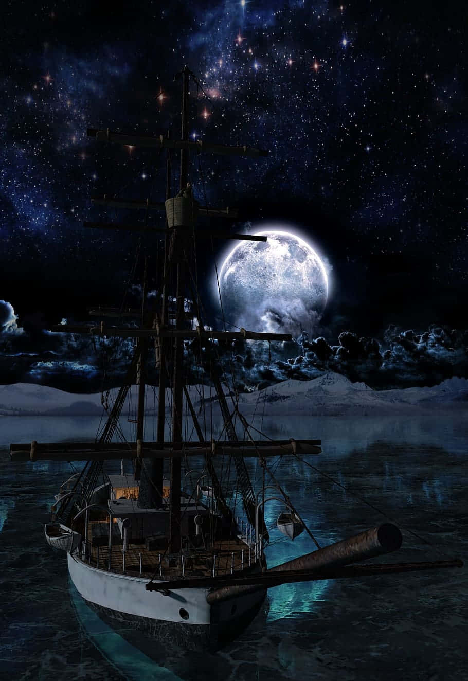 Beautiful Magical Night Sky With Boat Sailing With Giant Moon Wallpaper