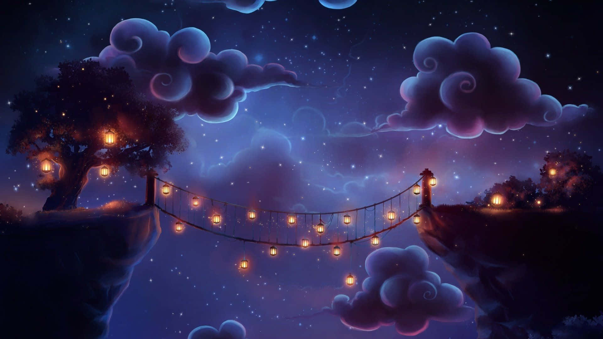Beautiful Magical Night Sky With Many Lanterns On Bridge Wallpaper