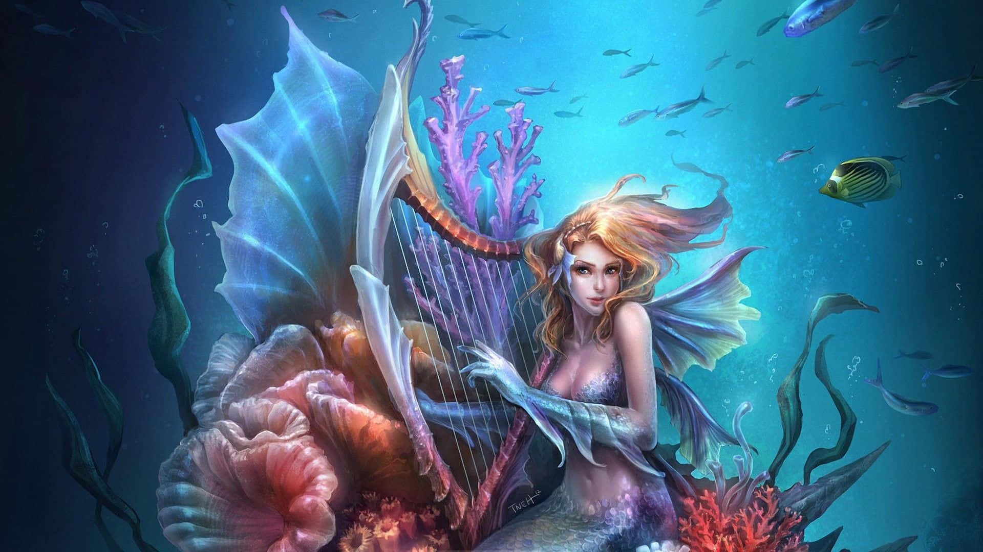 A Beautiful Mermaid Swimming Through A Mystical Cave Wallpaper