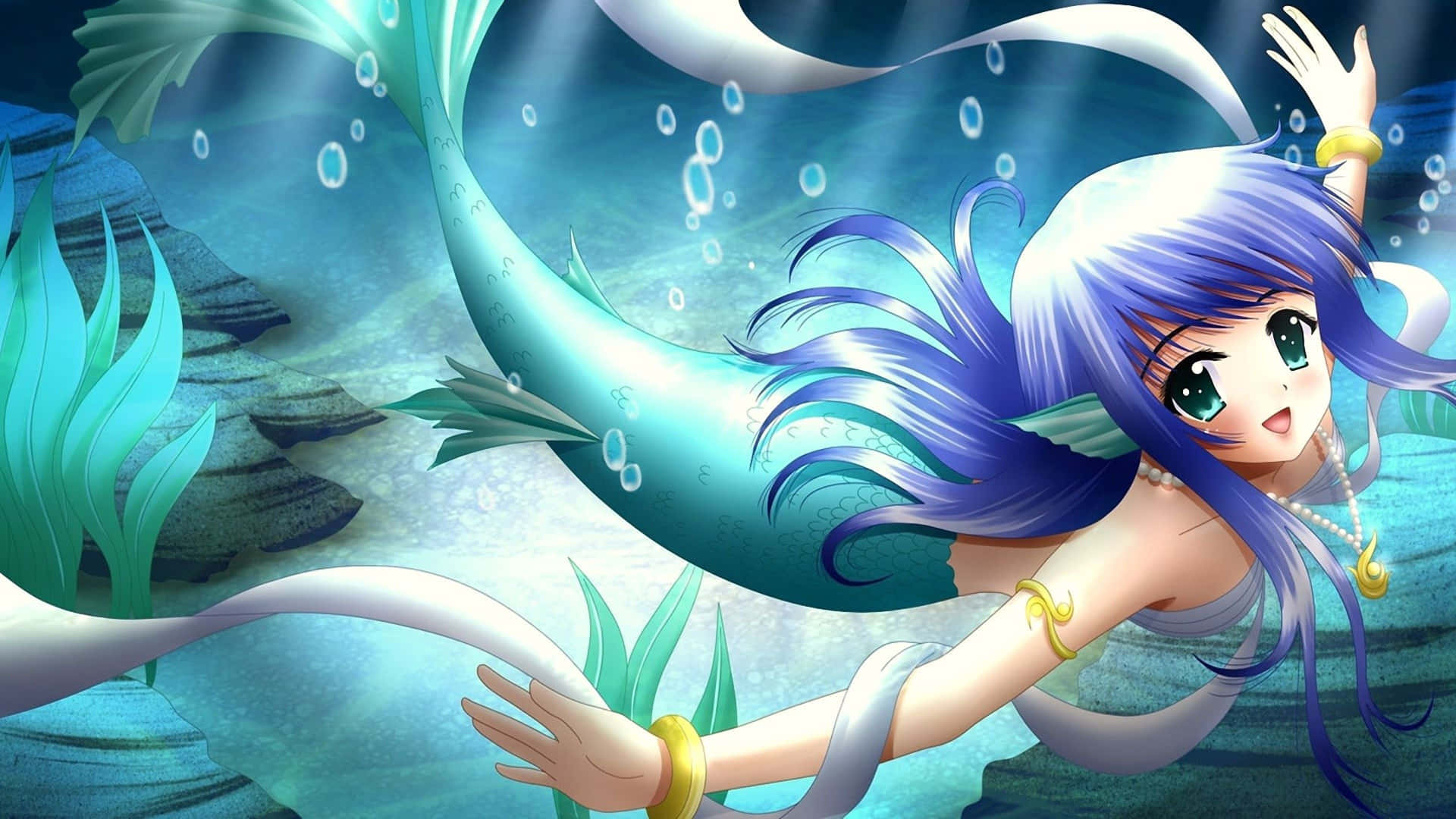A beautiful fairy-tale mermaid sits atop a rock out at sea. Wallpaper
