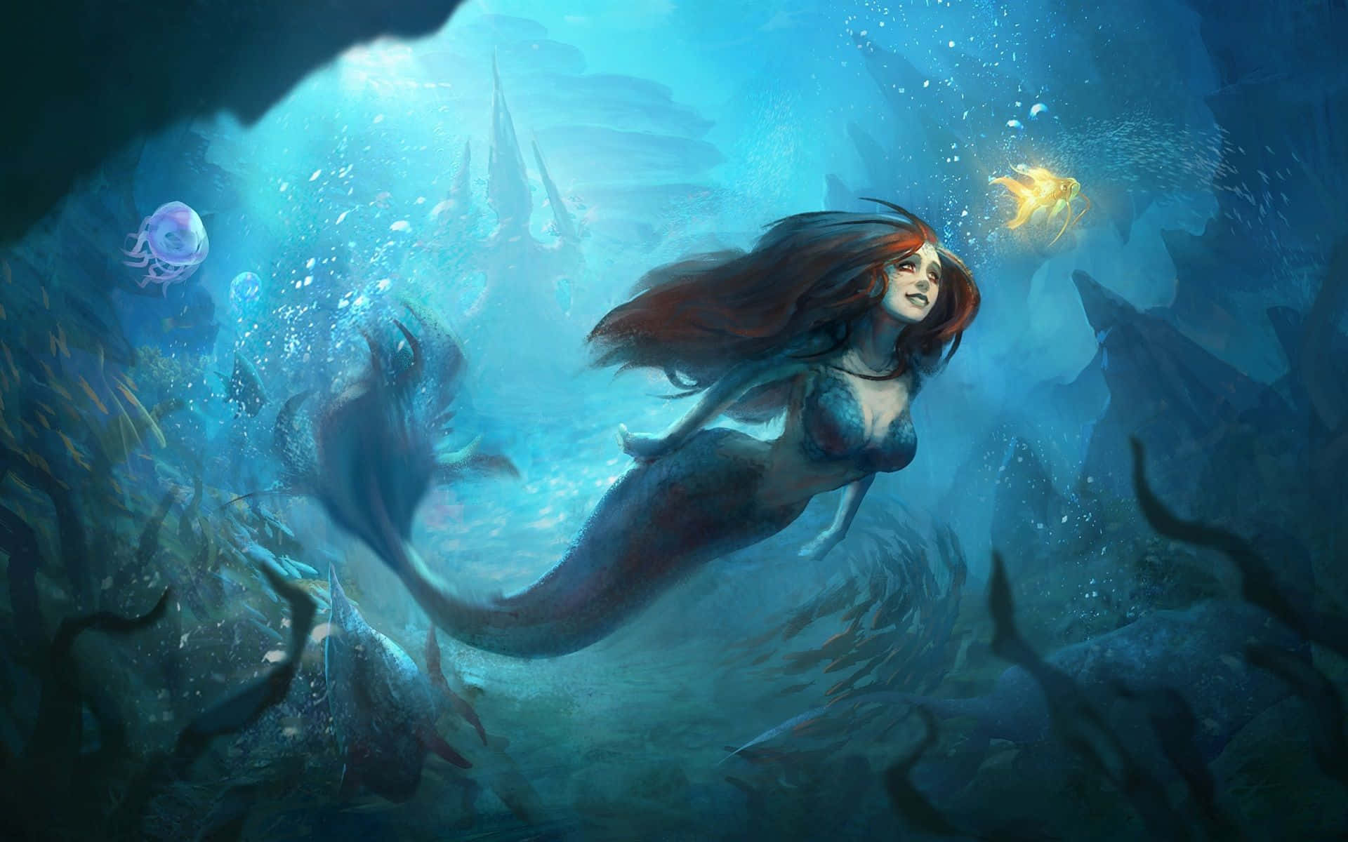 "A beautiful mermaid swimming in the ocean." Wallpaper