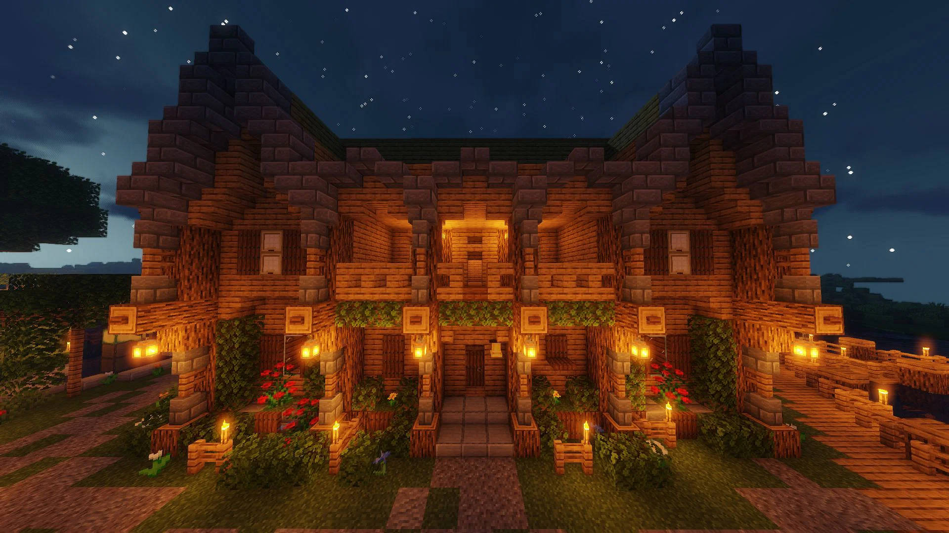 Beautiful Minecraft Wooden Mansion Wallpaper