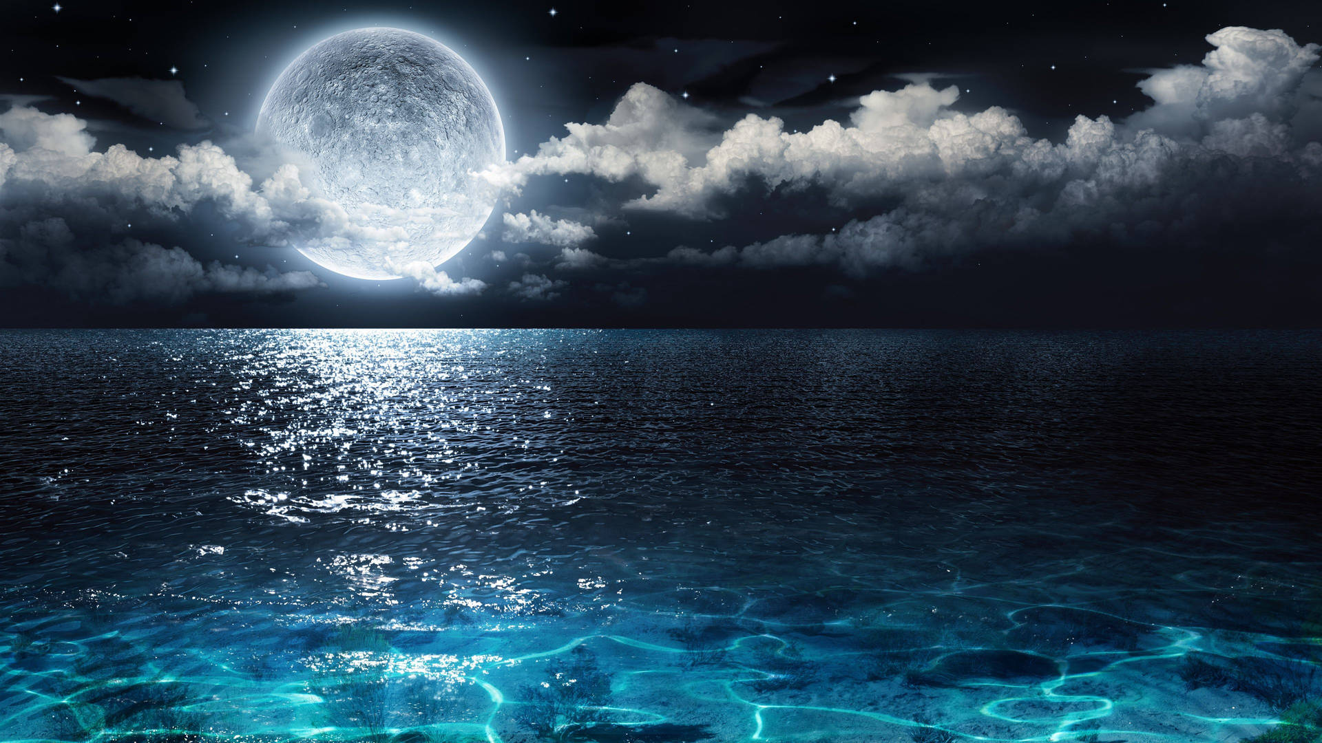 Beautiful Moon Over The Blue Ocean Wallpaper
