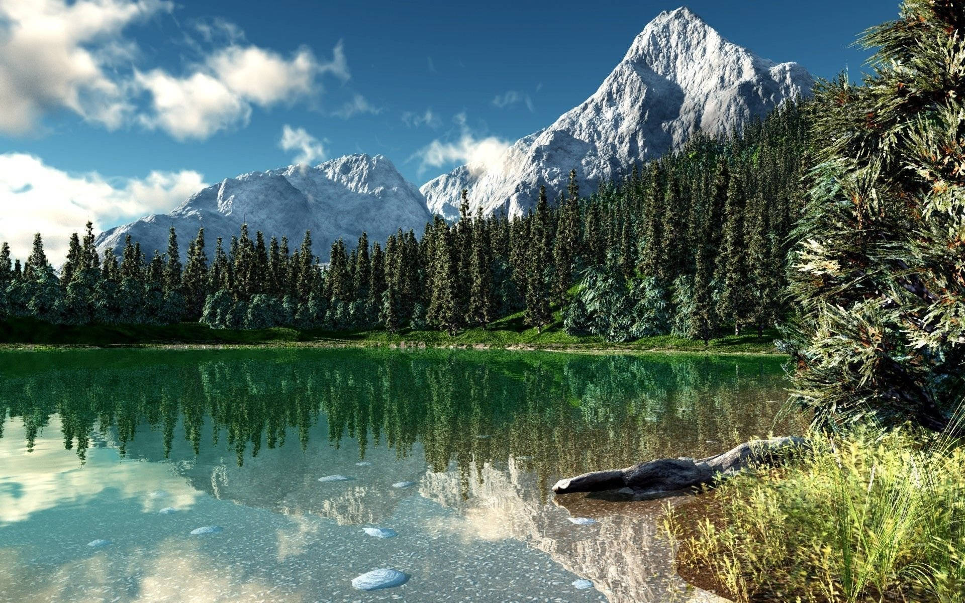 Hermosavista De Un Lago De Montaña Con Árboles Reflejados. Fondo de pantalla